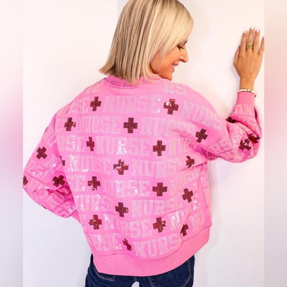 QUEEN OF SPARKLES Pink Sequin NURSE Allover Sweatshirt NWT - Picture 12 of 13